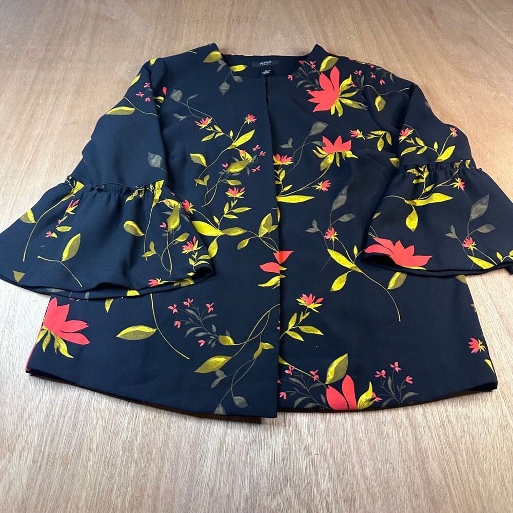 Alfani Woman 0X Black Floral Bell Sleeve Blouse Open Front Jacket Fall Top